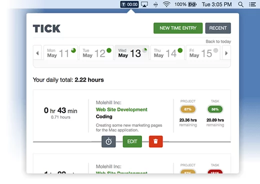 a screenshot of tick desktop time tracker on mac workspace