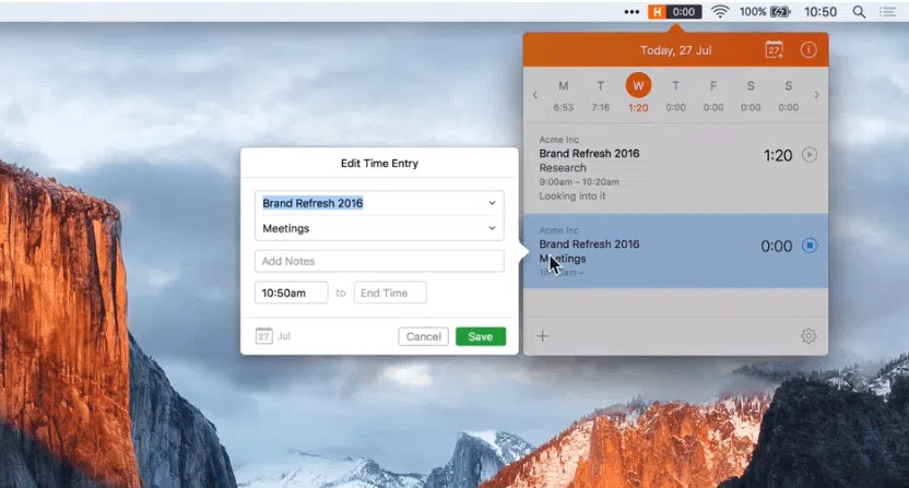 mac workspace with harvest desktop app launched