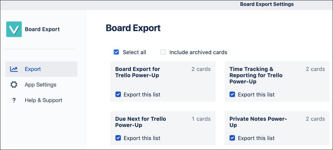 Board export for Trello