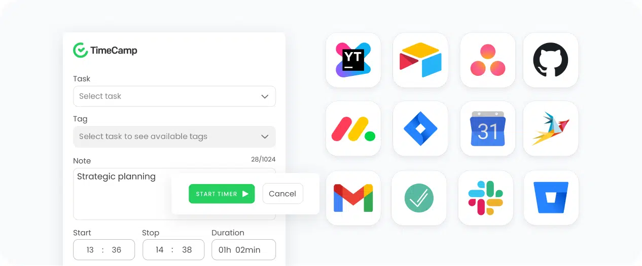an image showcasing the integrations of timecamp free timesheet software