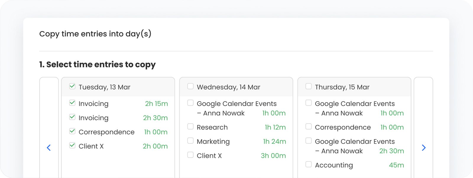 a screenshot of copying entries feature of TimeCamp