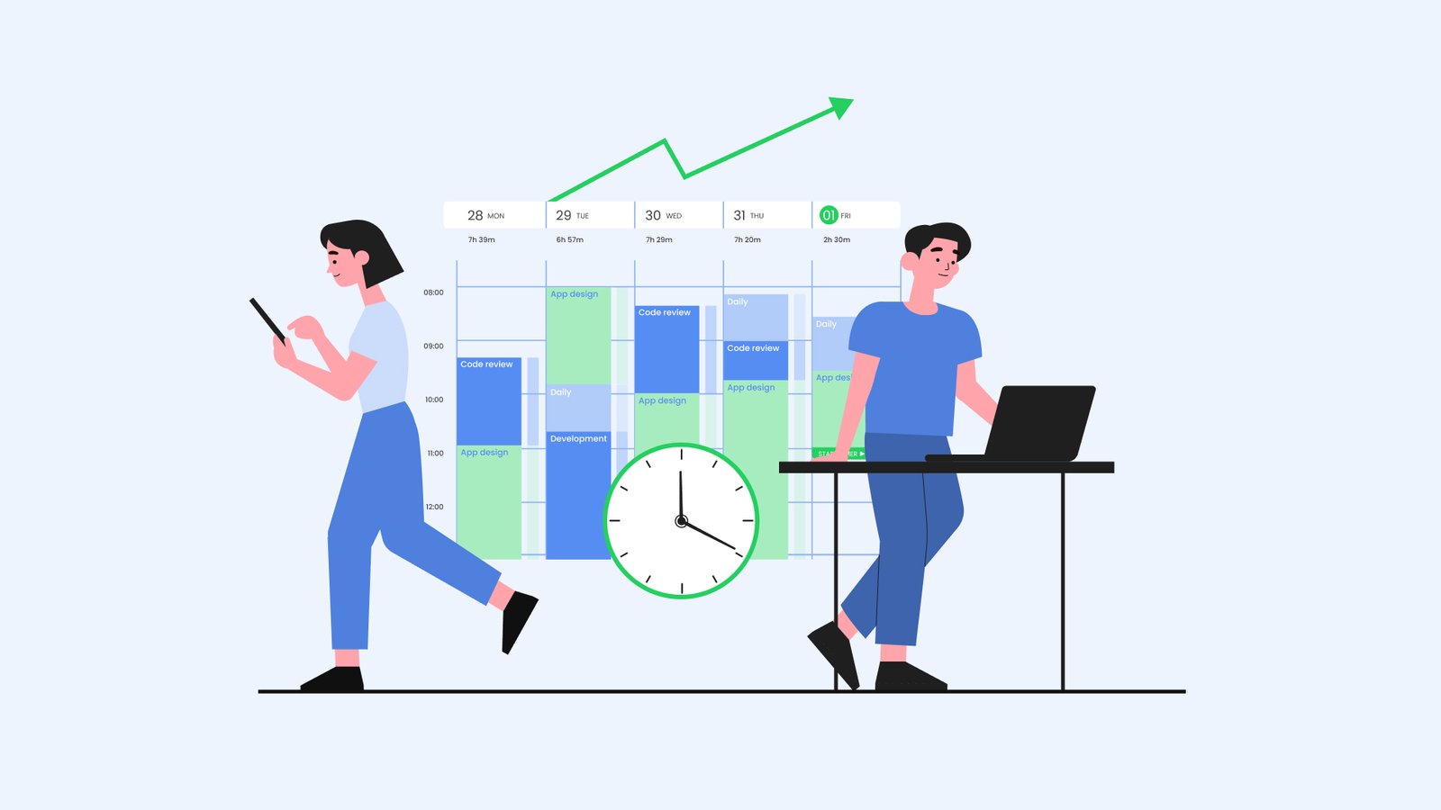 two people at work with a time tracking tool running behind them illustrating good time management as one of top skills needed