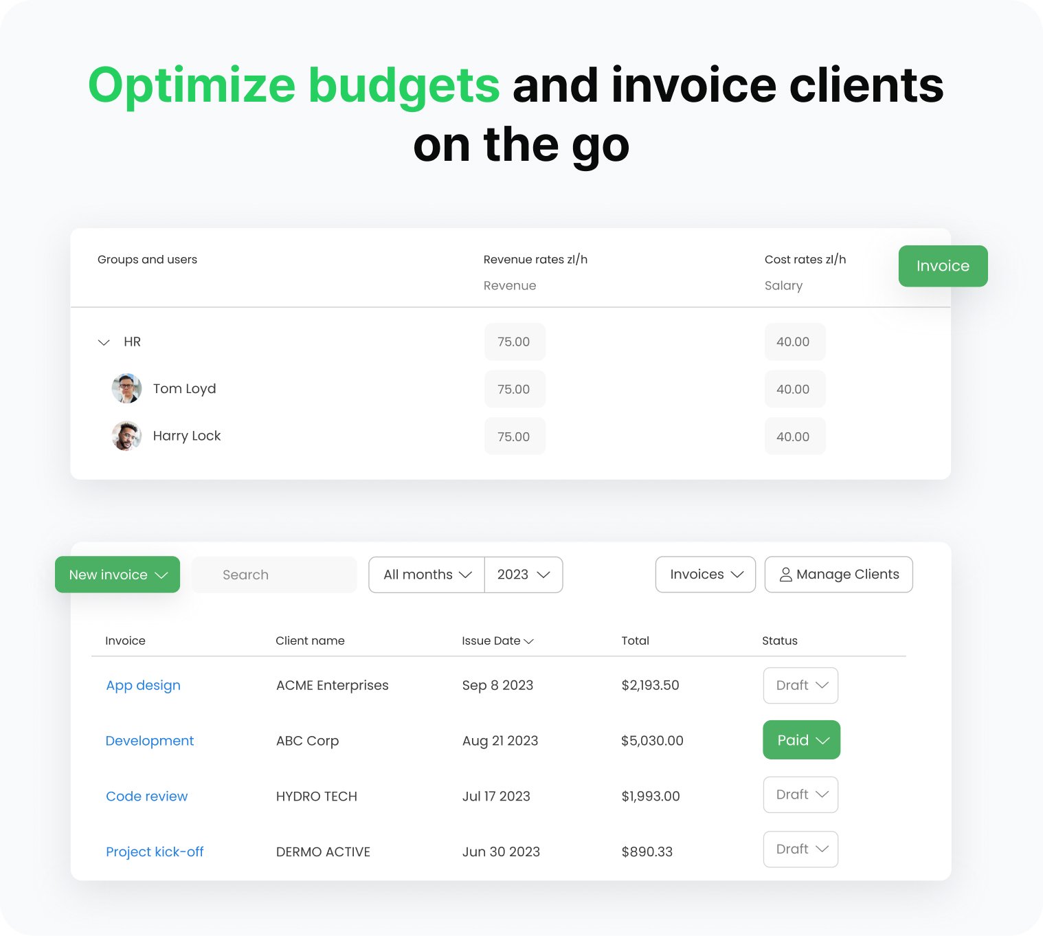 a collage of TimeCamp features for expense tracking and budget management