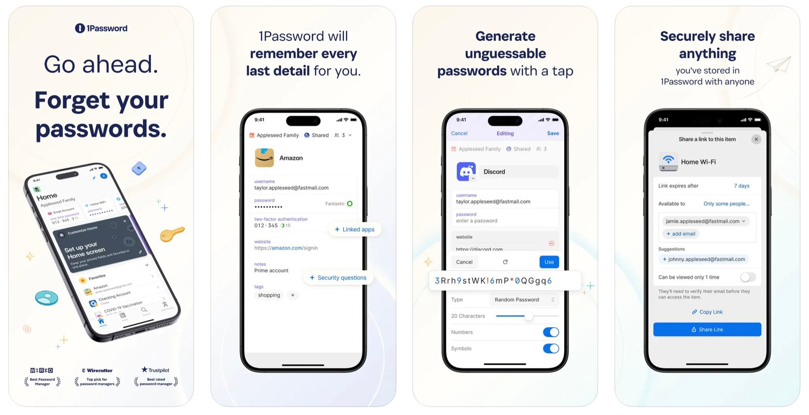 a collage of different features offered by 1password app for iphone