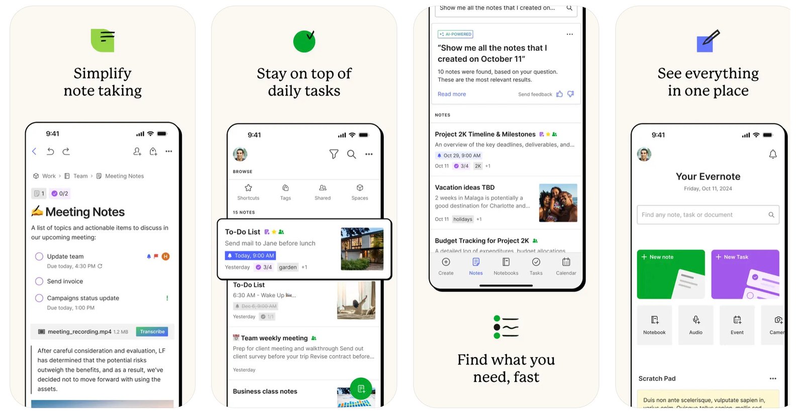 a collage of different features offered by Evernote app for iphone