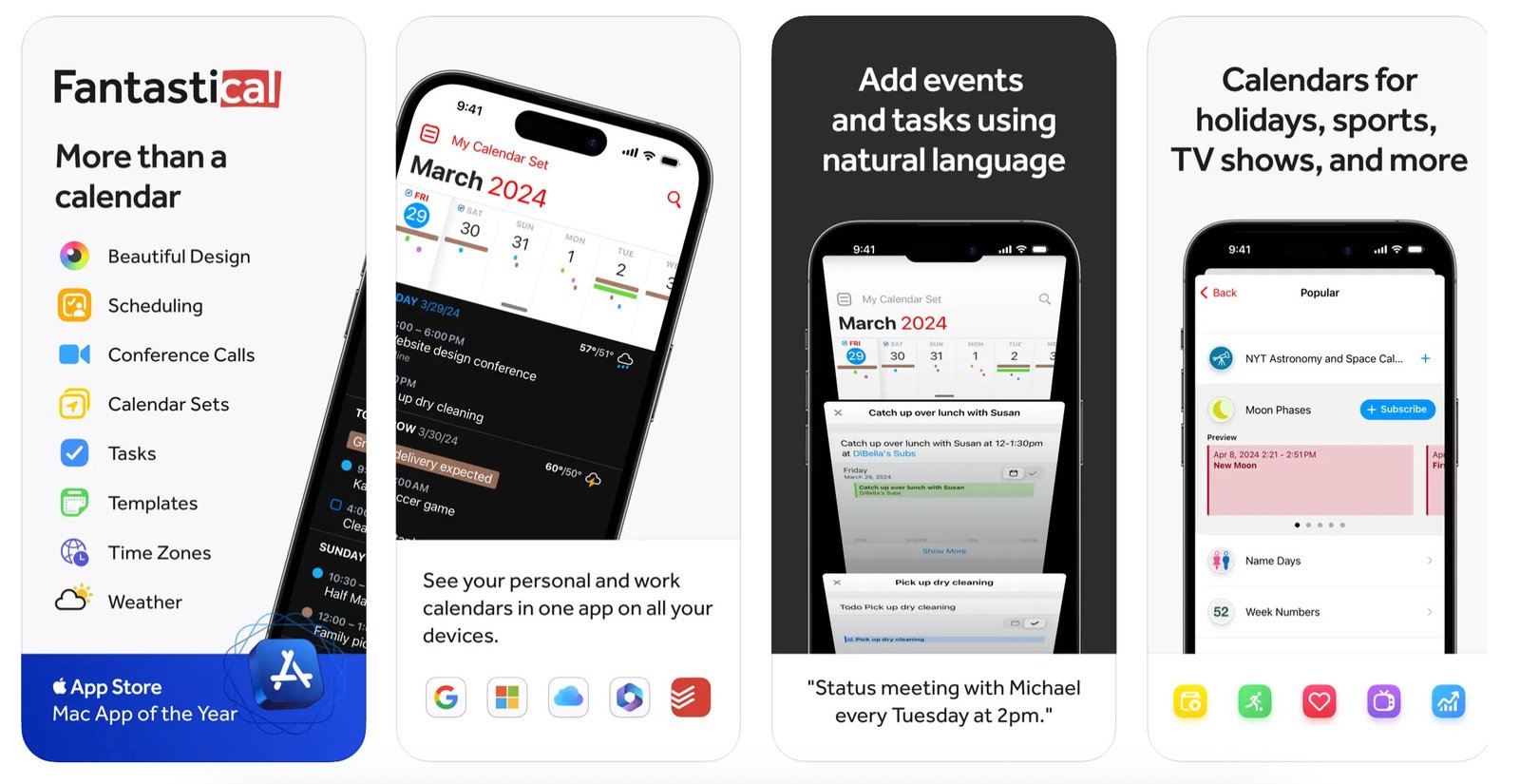 a collage of different features offered by Fantastical productivity app for iphone