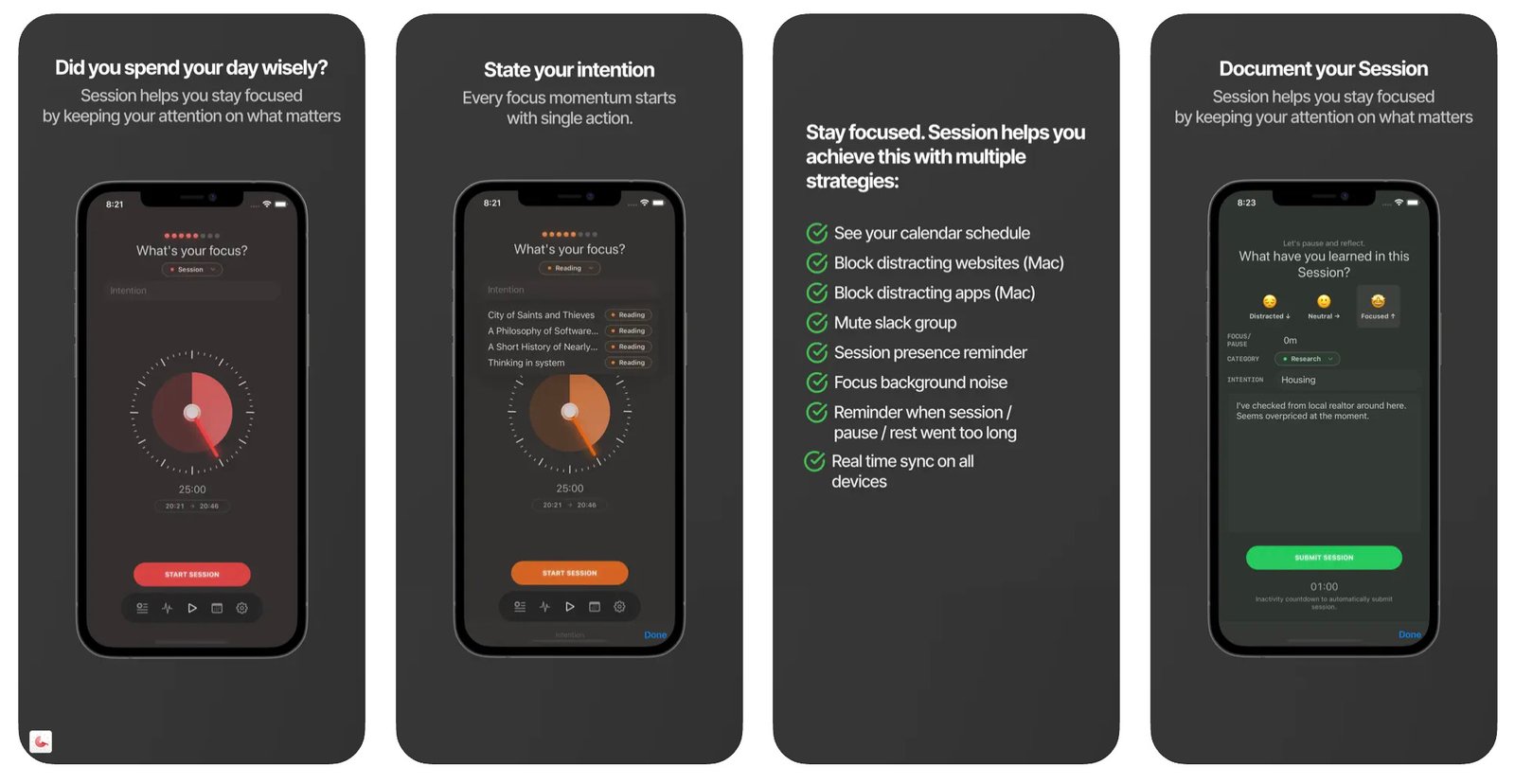 a collage of different features offered by Session app for iphone