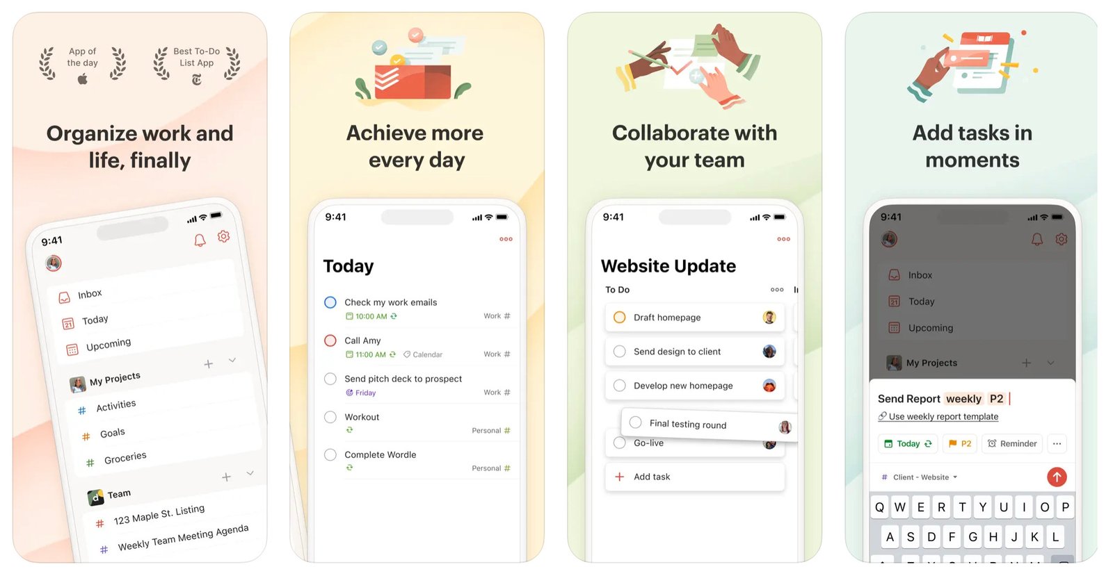 a collage of different features offered by Todoist app for iphone