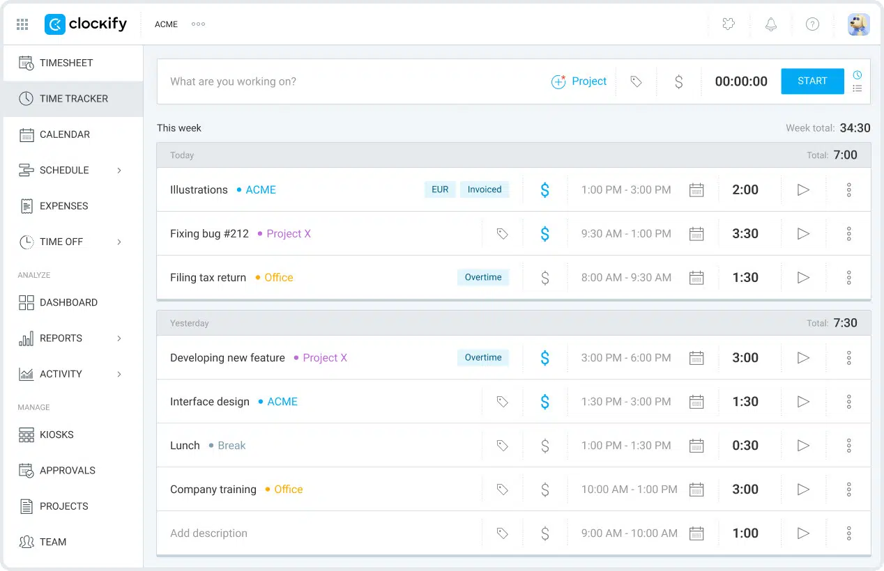 a timesheet view of clockify app