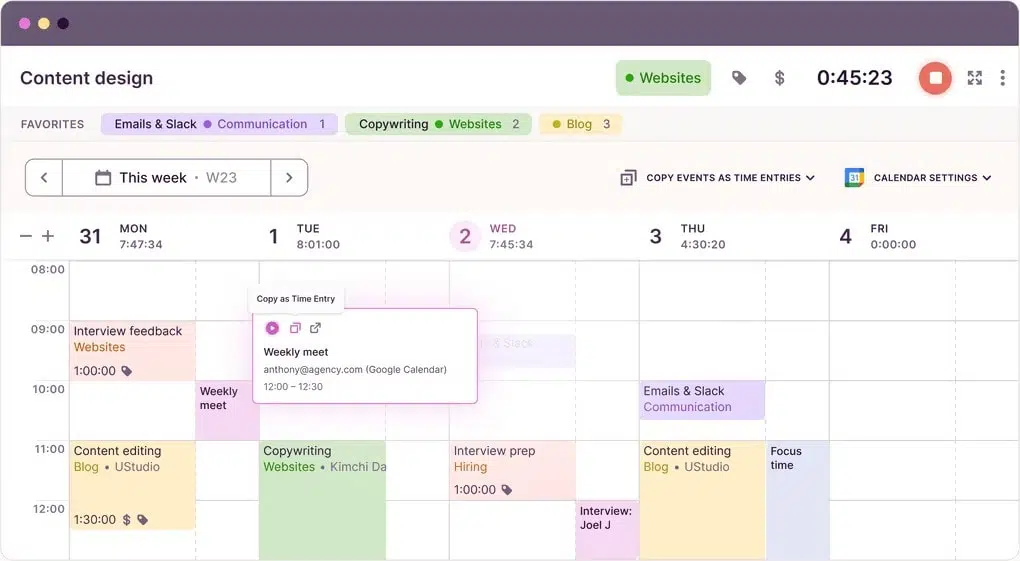 toggl track app calendar view