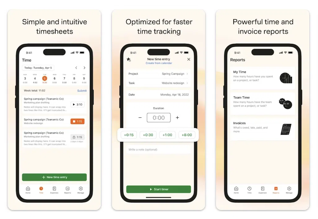 a collage of features of harvest time tracking app