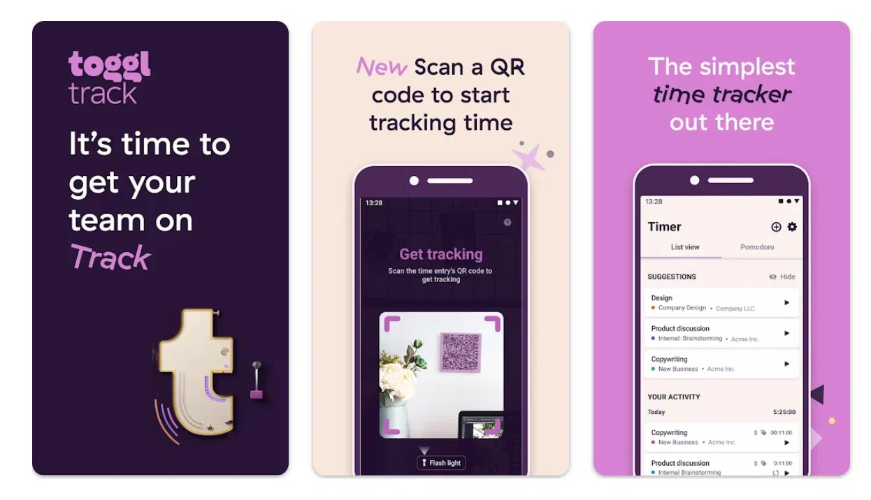 a collage of features of toggl track mobile app