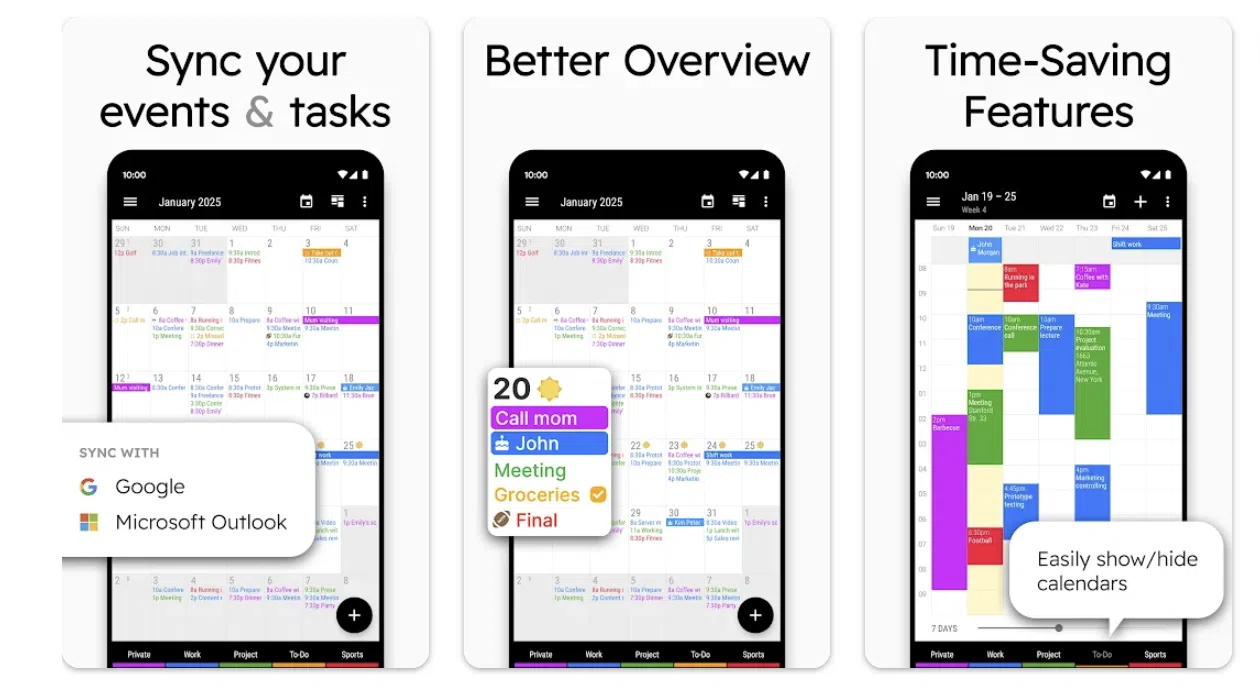 a collage of different views of business calendar app for android