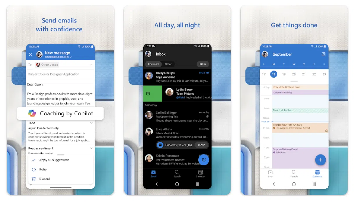 a collage of different views of outlook app for android