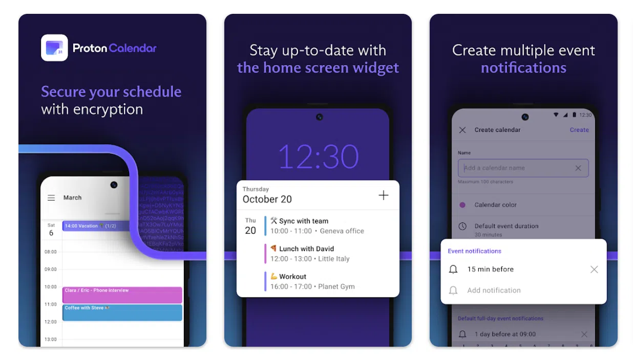 a collage of different view of proton calendar app for android