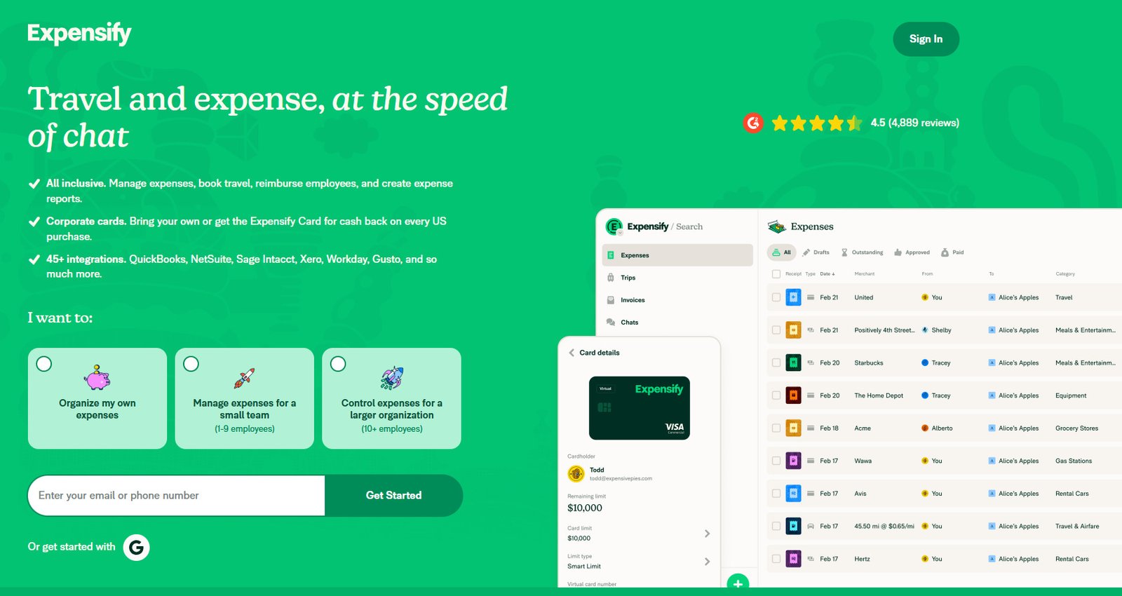 a homepage screenshot of expensify expense tracking software