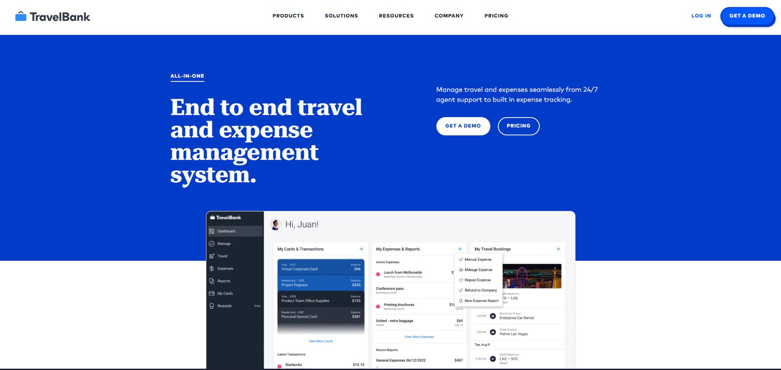 a homepage screenshot of travelbank financial tracking software