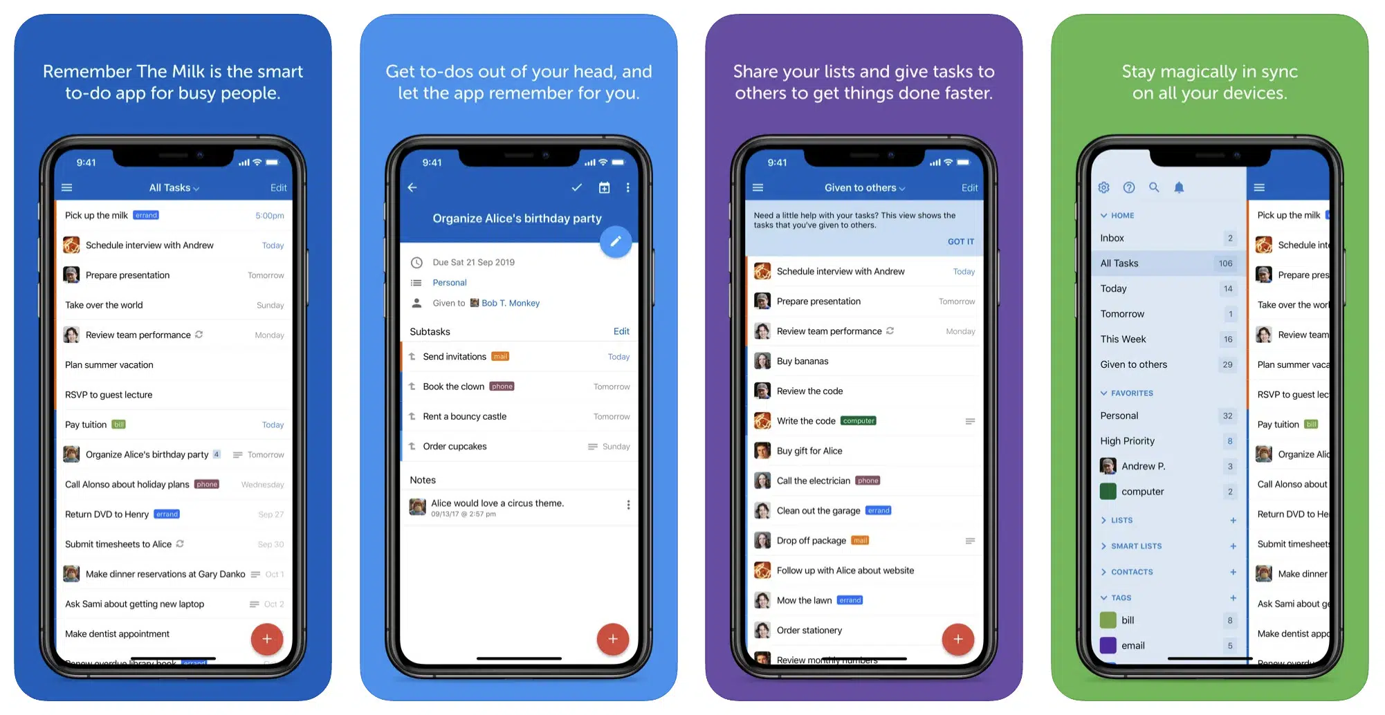 A collage presenting the features of rememberthemilk app