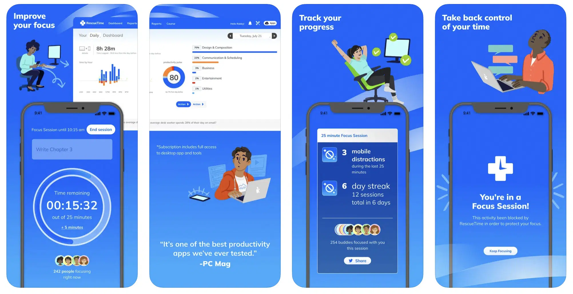 a collage presenting how rescuetime mobile apps work