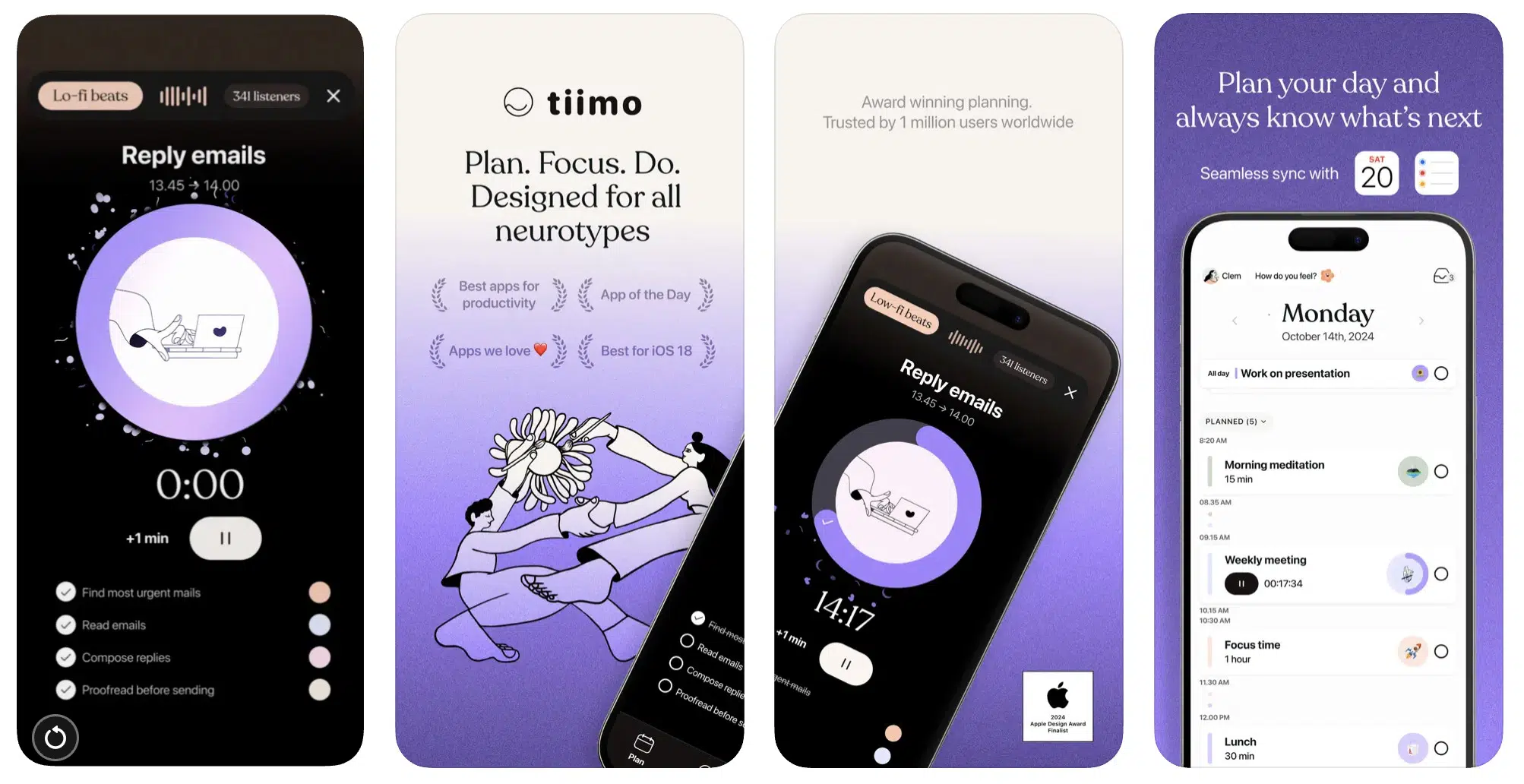 a collage presenting how does tiimo time management app looks like and works