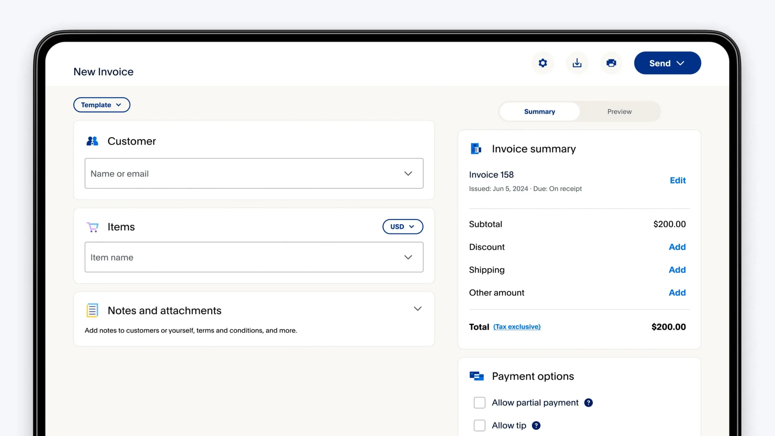 a screenshot of invoicing module in PayPal tool