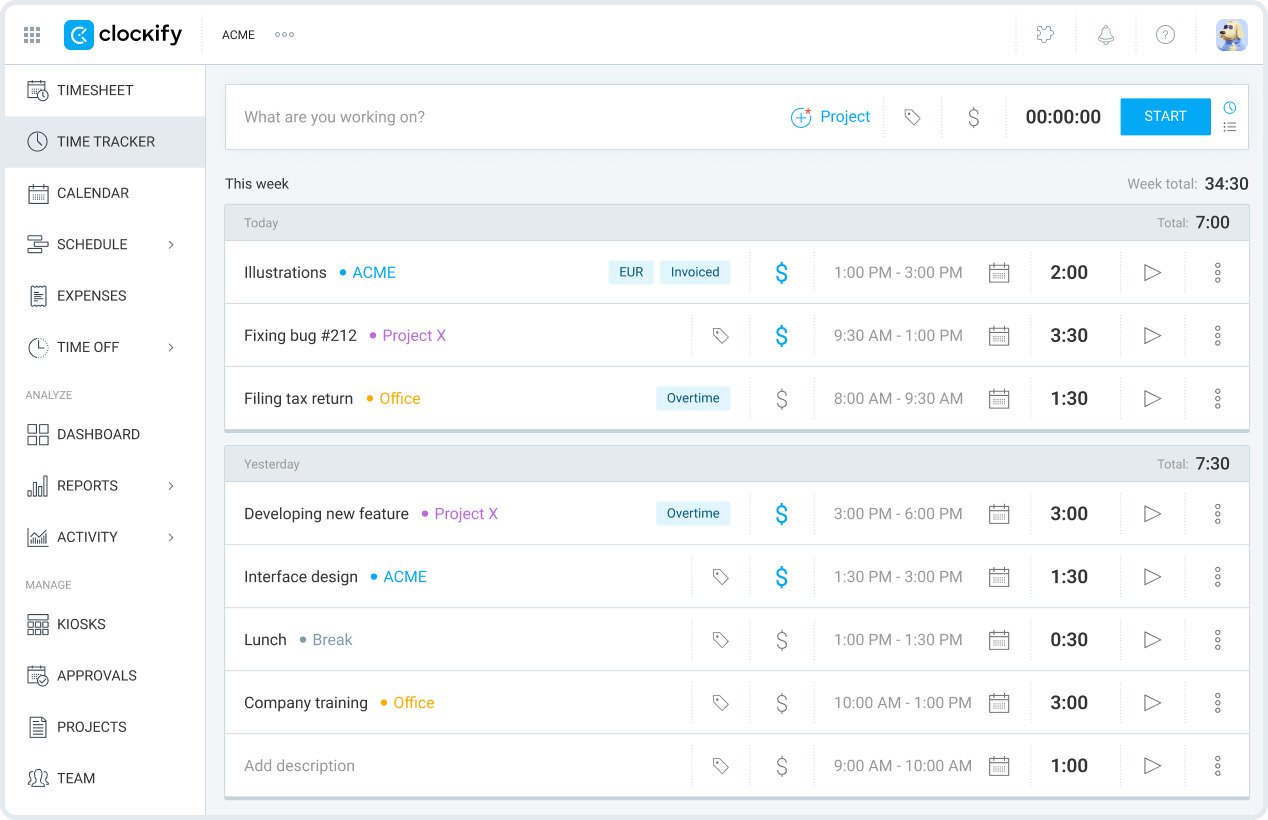 a screenshot of clockify timesheet view