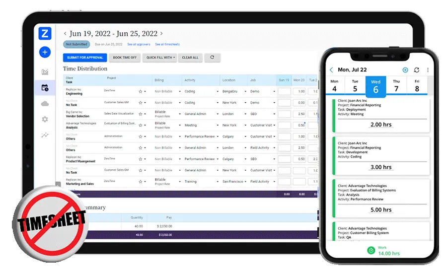 replicon timesheet views on desktop and mobile