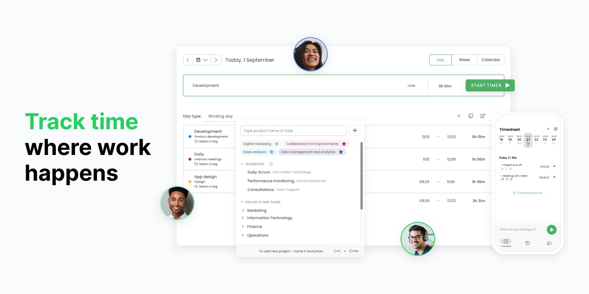 a collage of timecamp time tracking features for a blog post about productivity challenges for retail managers