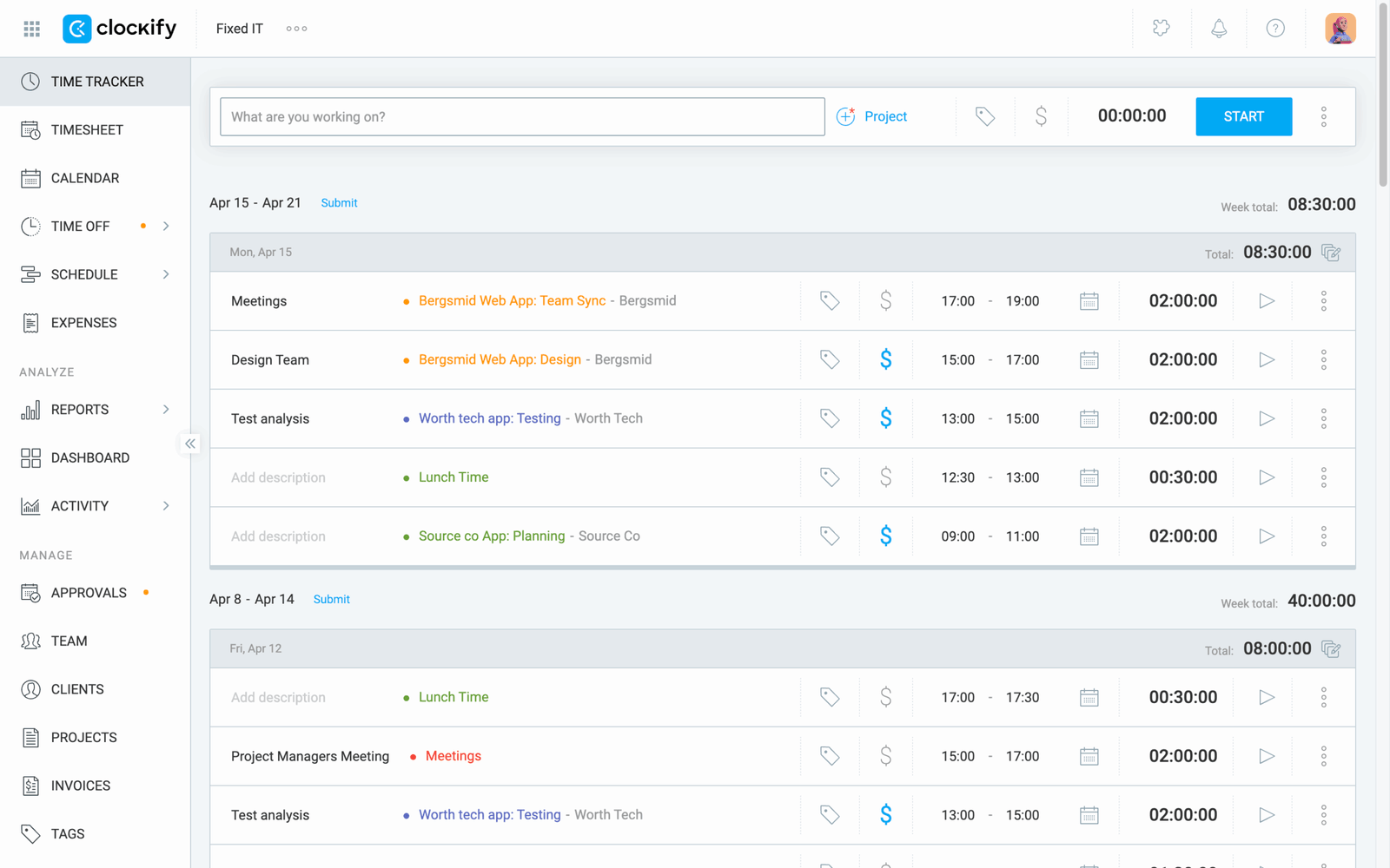 screenshot of clockify software