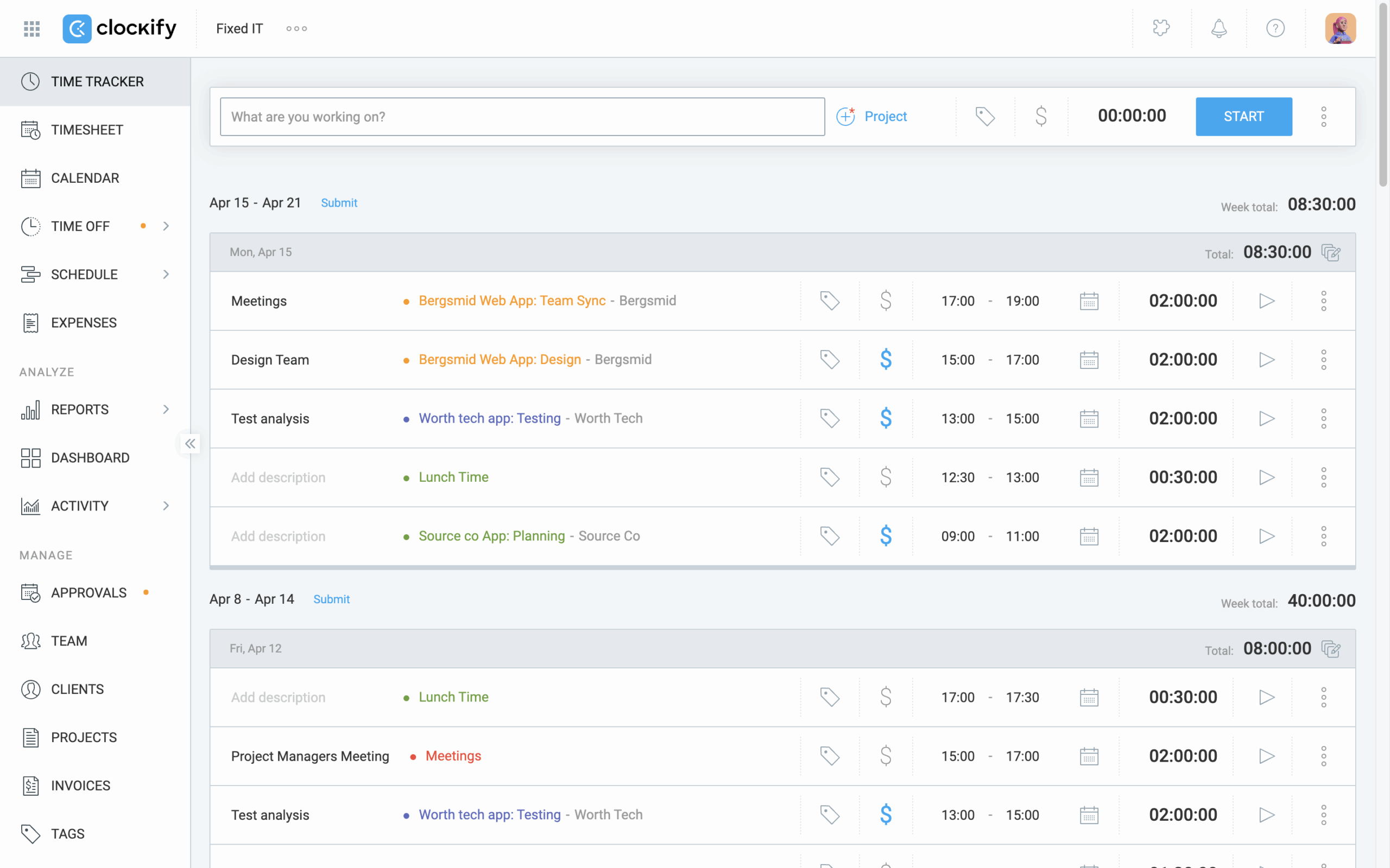 screenshot of clockify