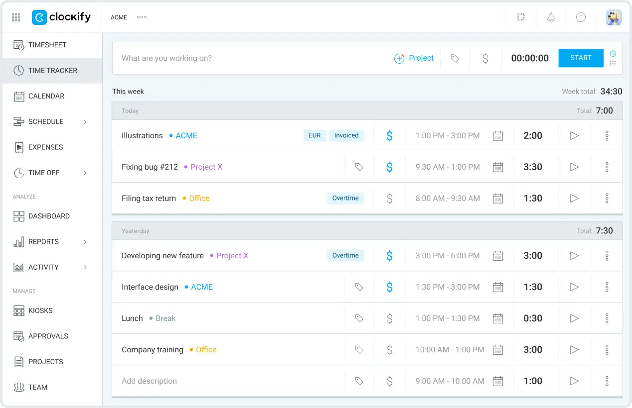 software de control horario timecamp clockify