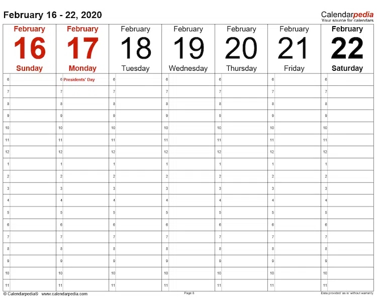 szablon harmonogramu tygodniowego Calendarpedia